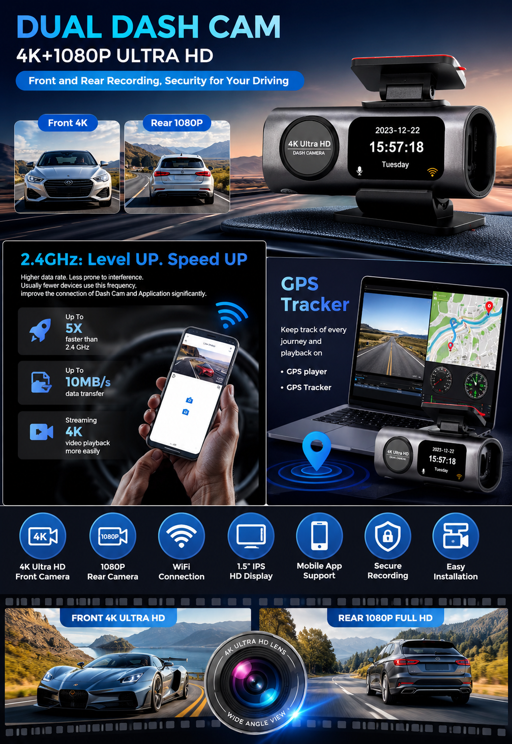 4K Ultra HD Smart Car Dash Camera (Front & Rear)