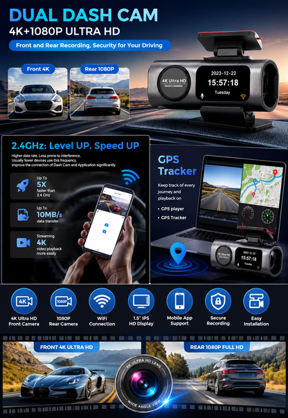 4K Ultra HD Smart Car Dash Camera (Front & Rear)