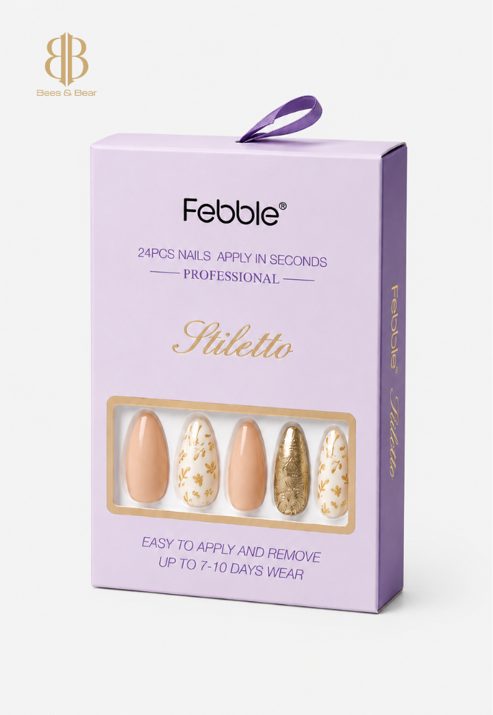 Febble - Nude Floral Gold Mix Press-On Nails