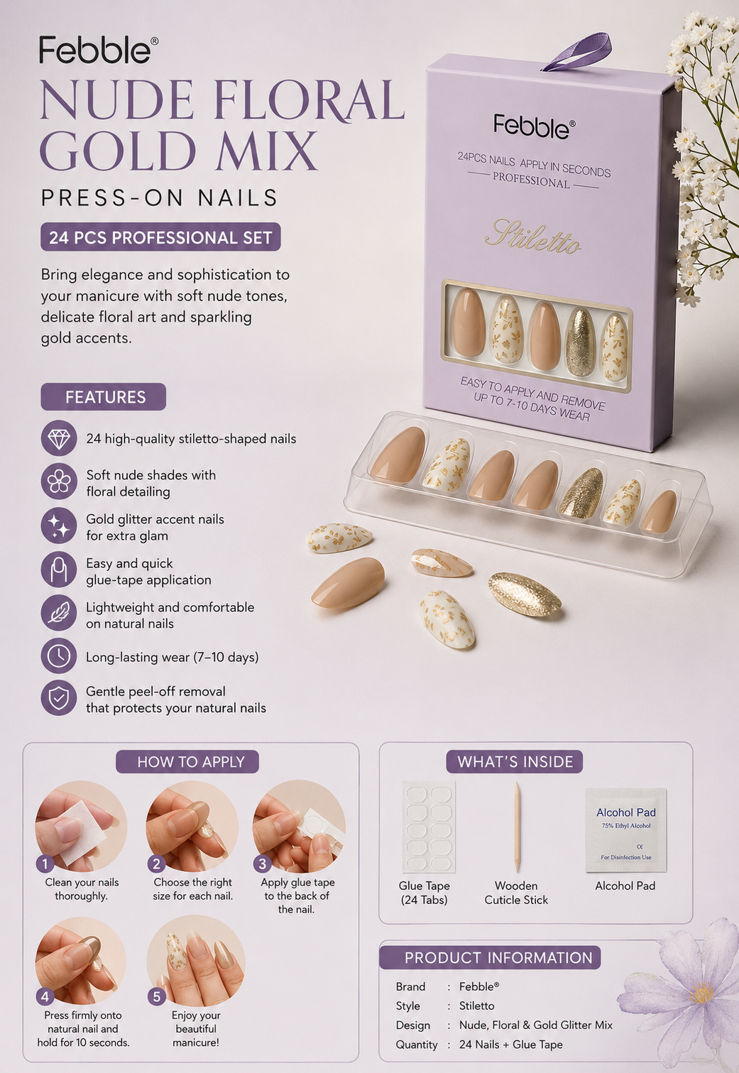 Febble - Nude Floral Gold Mix Press-On Nails