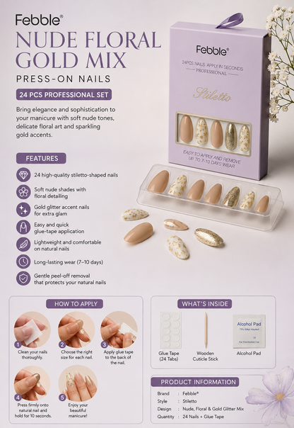 Febble - Nude Floral Gold Mix Press-On Nails