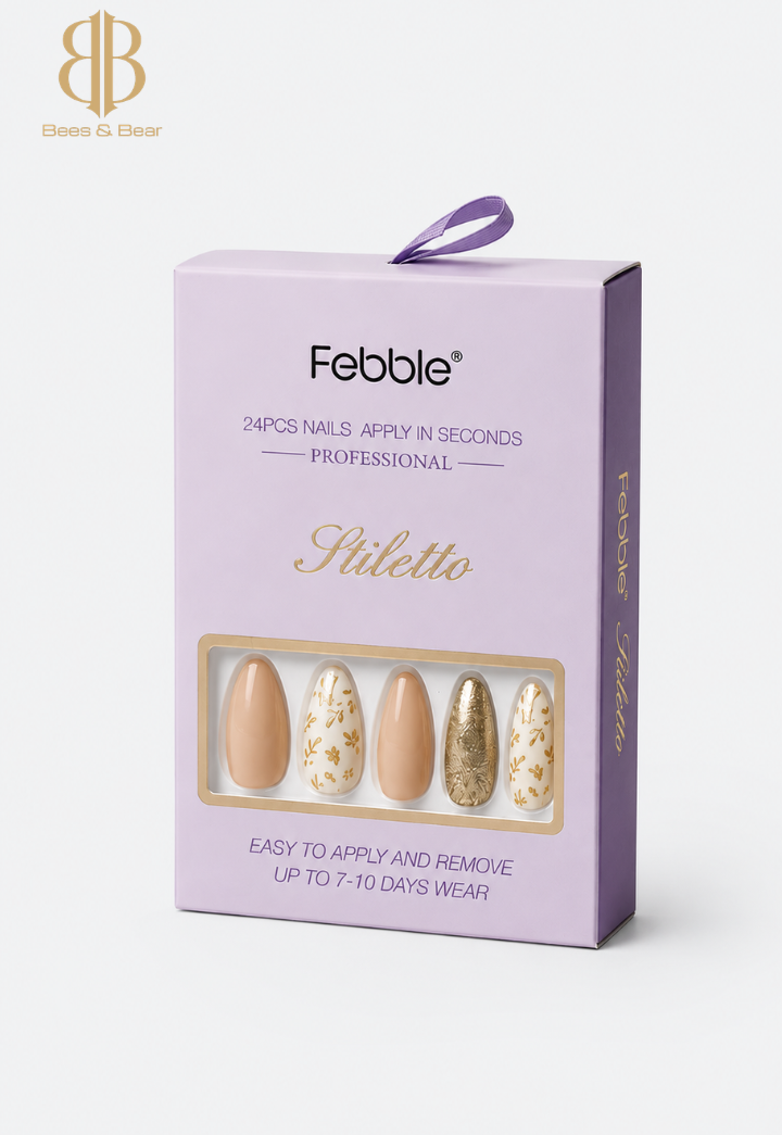 Febble - Nude Floral Gold Mix Press-On Nails