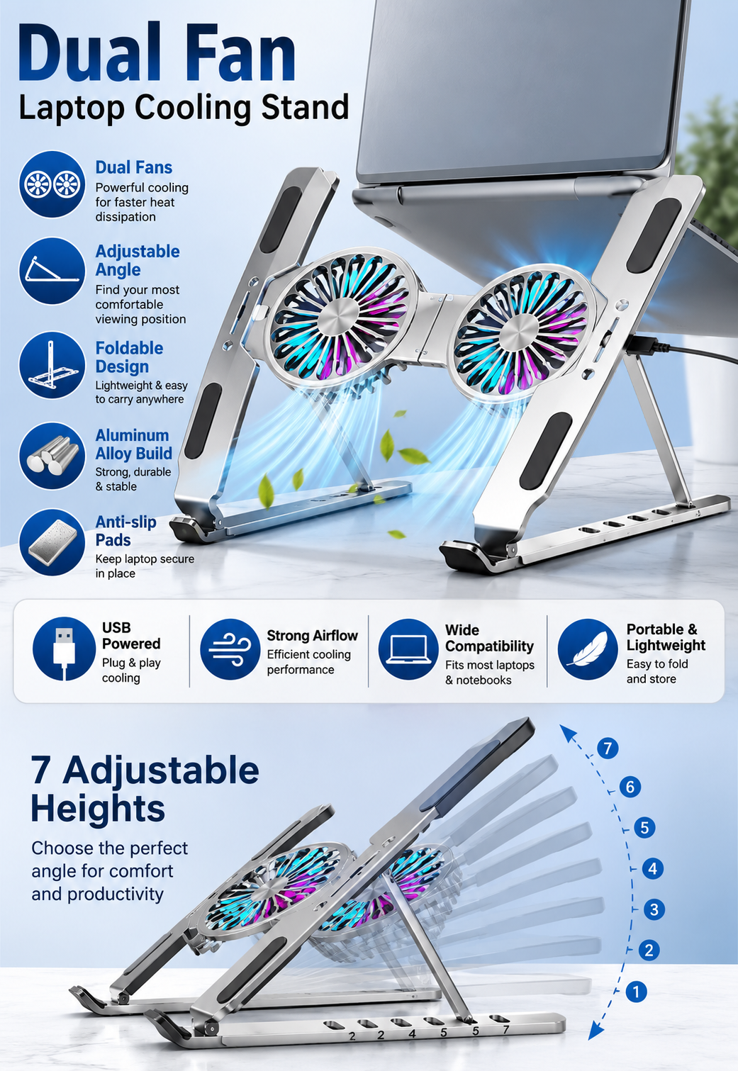 Foldable Dual Fan Laptop Cooling Stand