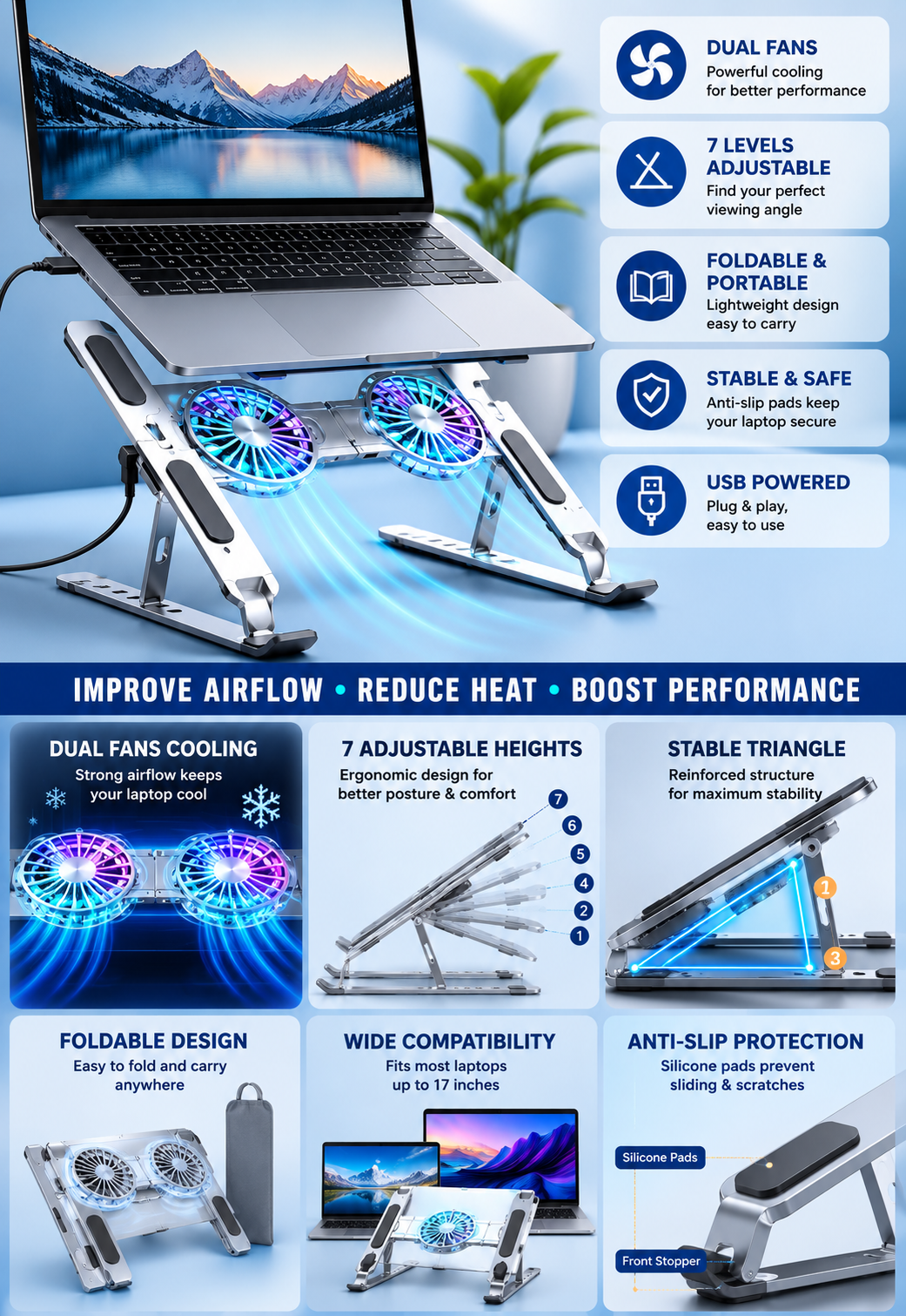 Foldable Dual Fan Laptop Cooling Stand