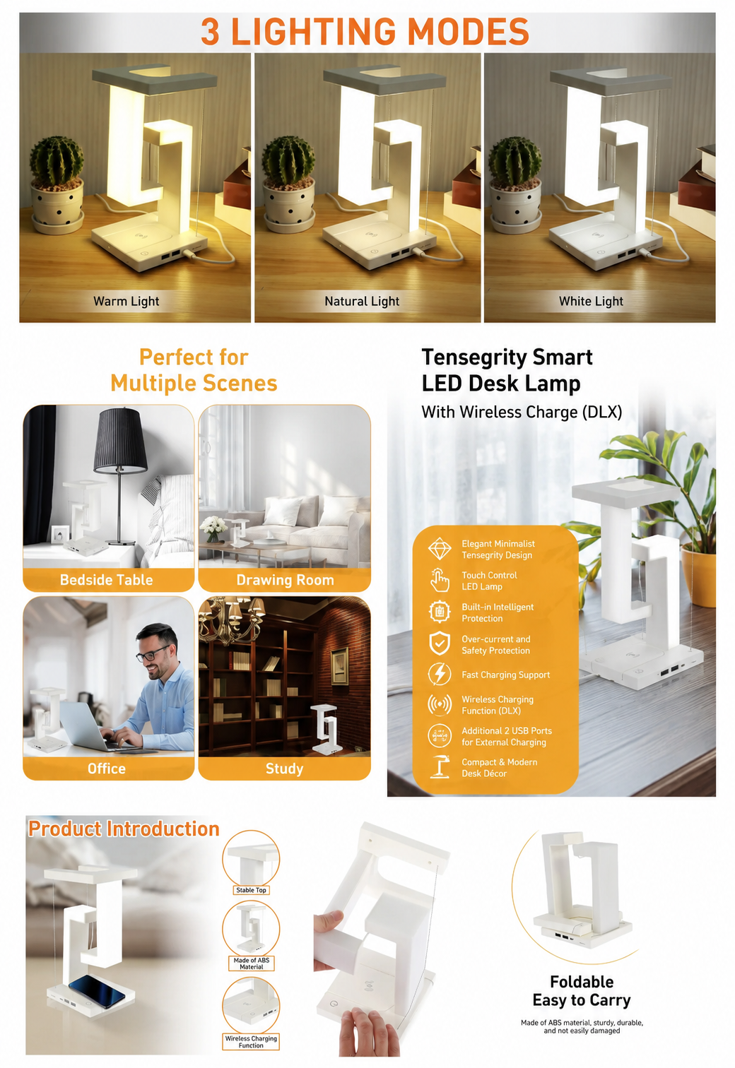 Tensegrity Smart LED Desk Lamp with Wireless Charge